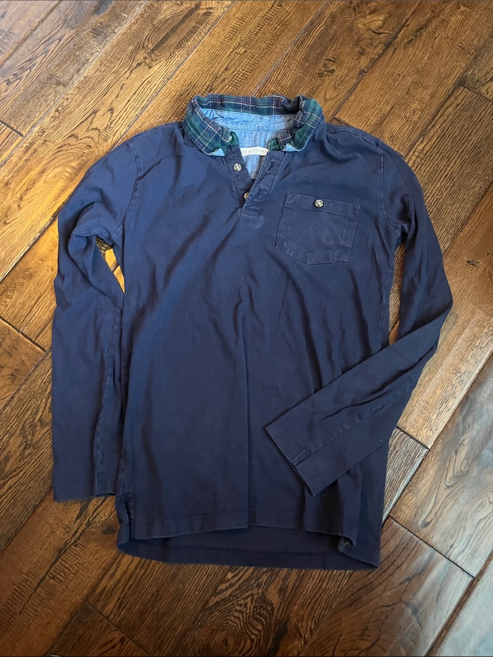 Men's Long-Sleeve Navy Henley with Plaid-Trim Collar